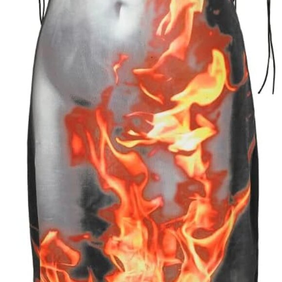 Y2K 3D Body Flame Print Women's Midi Dress Spaghetti Straps Sleeveless - Picture 2 of 8